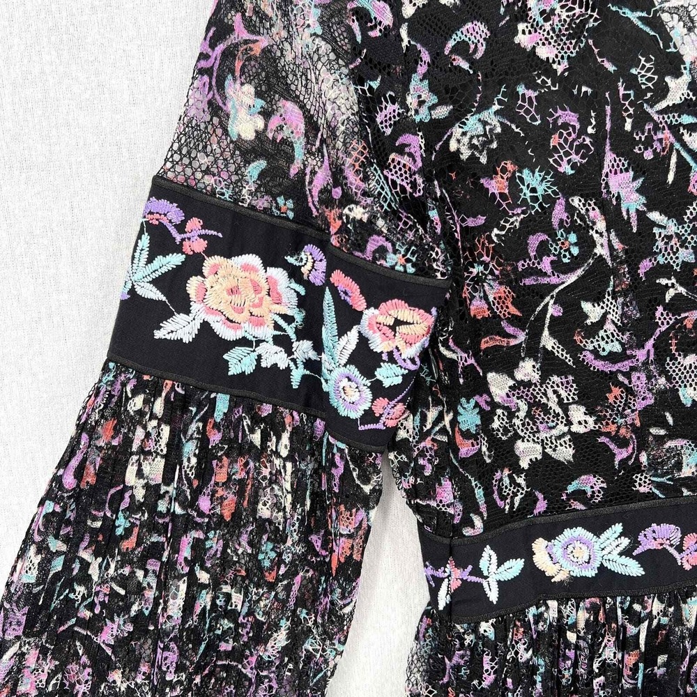 Free People Mini Dress Womens 2 Black Floral Lace Embroidered V-Neck Long Sleeve - Picture 13 of 16